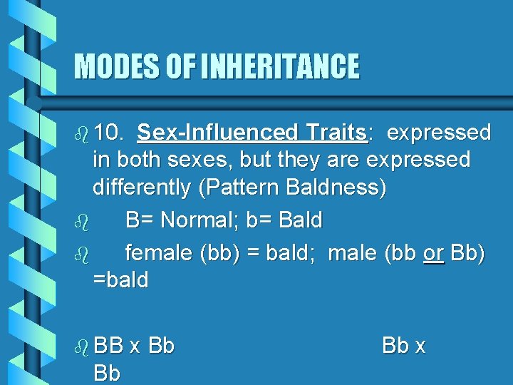 MODES OF INHERITANCE b 10. Sex-Influenced Traits: expressed in both sexes, but they are