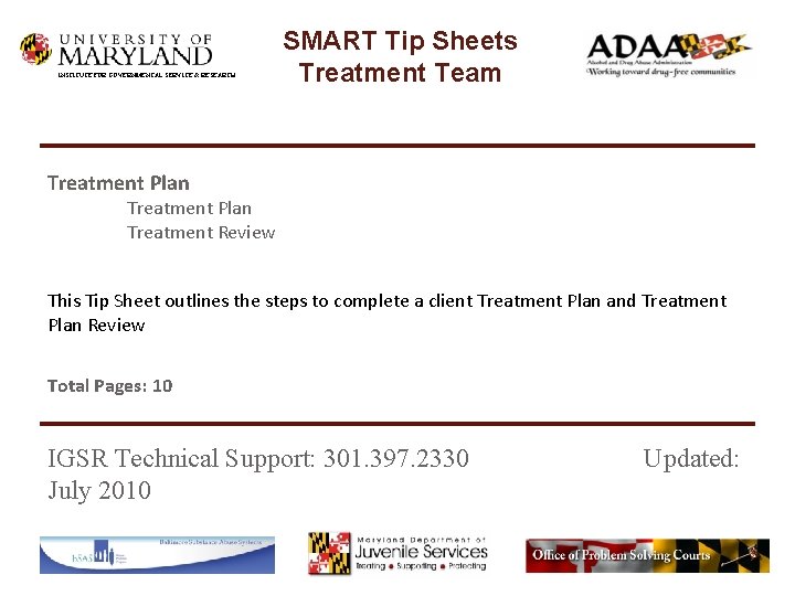 INSTITUTE FOR GOVERNMENTAL SERVICE & RESEARCH SMART Tip Sheets Treatment Team Treatment Plan Treatment