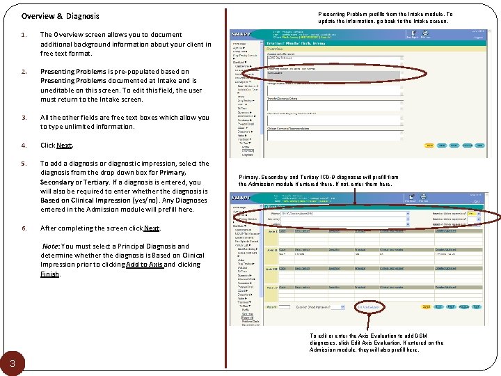 Overview & Diagnosis 1. The Overview screen allows you to document additional background information