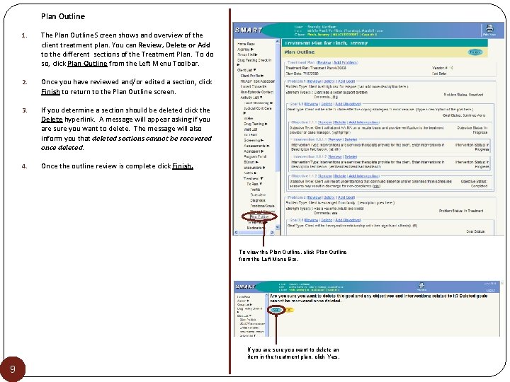 Plan Outline 1. The Plan Outline Screen shows and overview of the client treatment