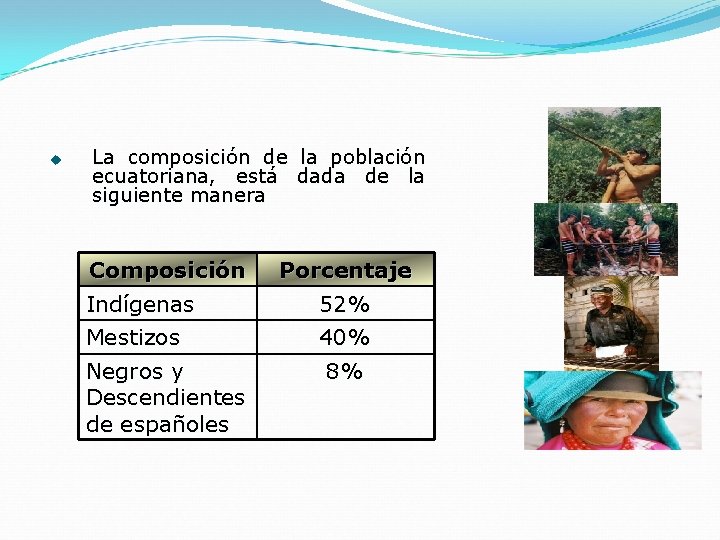 u La composición de la población ecuatoriana, está dada de la siguiente manera Composición