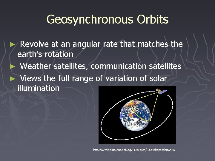 Geosynchronous Orbits ► Revolve at an angular rate that matches the earth's rotation ►