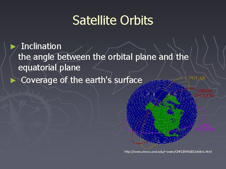 Satellite Orbits ► Inclination the angle between the orbital plane and the equatorial plane