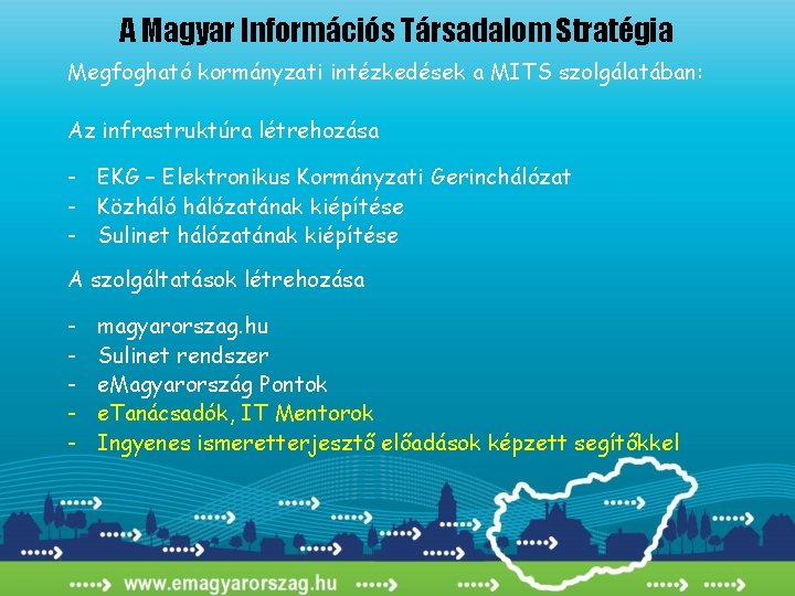 A Magyar Információs Társadalom Stratégia Megfogható kormányzati intézkedések a MITS szolgálatában: Az infrastruktúra létrehozása