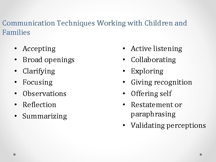 Communication Techniques Working with Children and Families • • Accepting Broad openings Clarifying Focusing