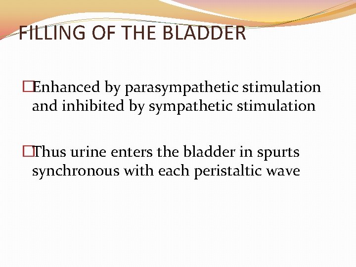 FILLING OF THE BLADDER �Enhanced by parasympathetic stimulation and inhibited by sympathetic stimulation �Thus