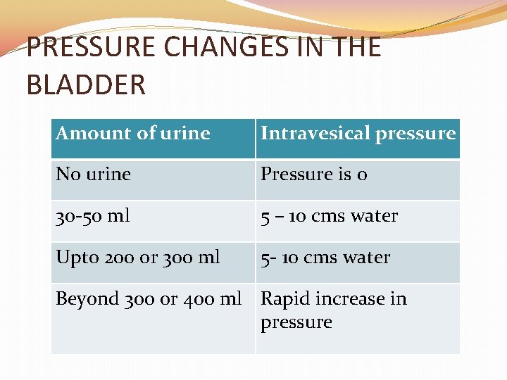 PRESSURE CHANGES IN THE BLADDER Amount of urine Intravesical pressure No urine Pressure is
