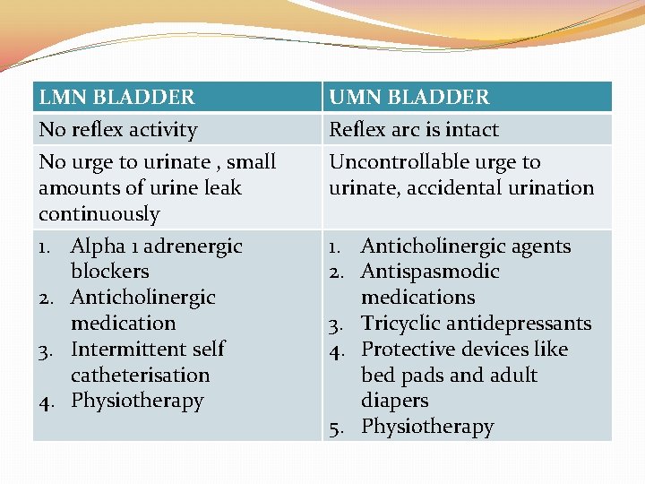 LMN BLADDER No reflex activity No urge to urinate , small amounts of urine LMN BLADDER No reflex activity No urge to urinate , small amounts of urine