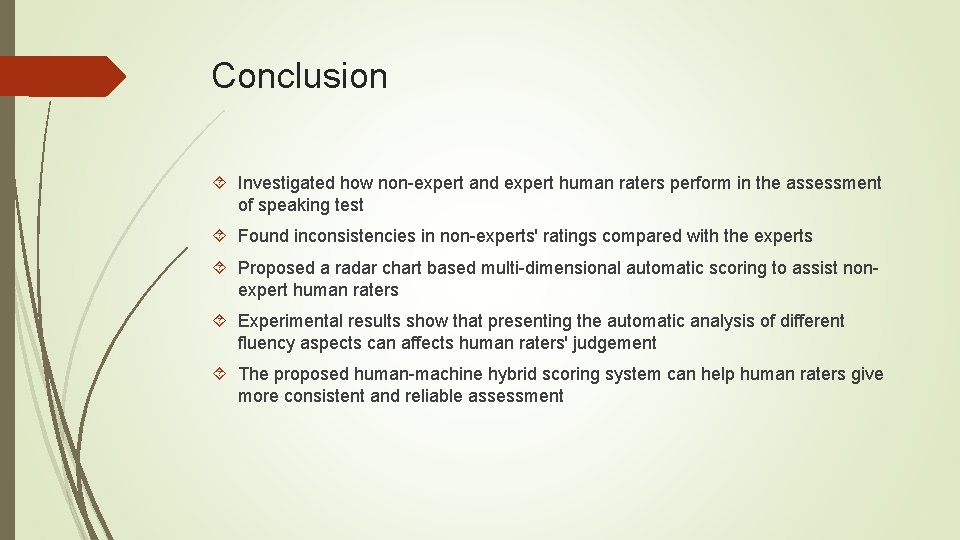Conclusion Investigated how non-expert and expert human raters perform in the assessment of speaking