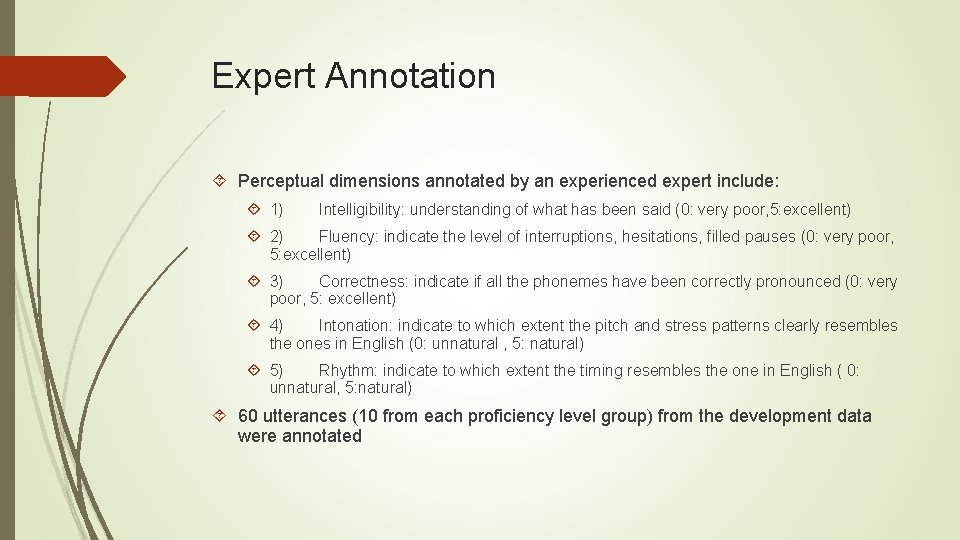 Expert Annotation Perceptual dimensions annotated by an experienced expert include: 1) Intelligibility: understanding of