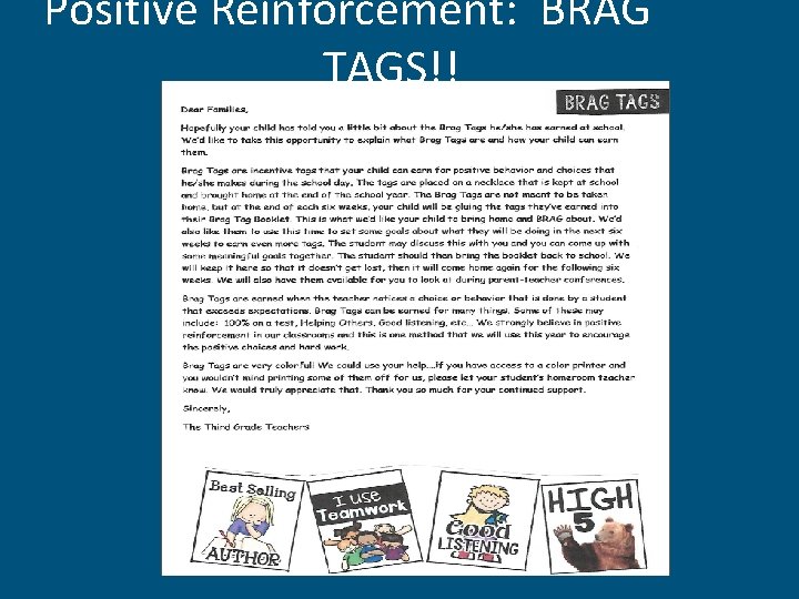 Positive Reinforcement: BRAG TAGS!! 