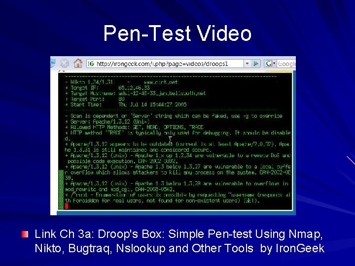 Pen-Test Video Link Ch 3 a: Droop's Box: Simple Pen-test Using Nmap, Nikto, Bugtraq,