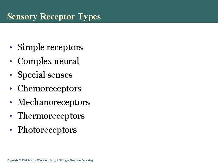 Sensory Receptor Types • Simple receptors • Complex neural • Special senses • Chemoreceptors