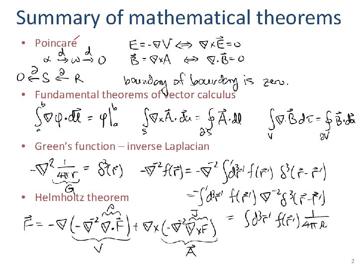 Summary of mathematical theorems • Poincare • Fundamental theorems of vector calculus • Green’s