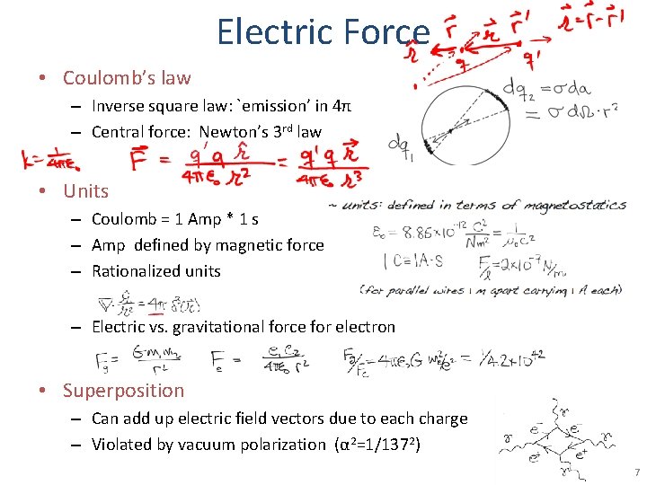 Electric Force • Coulomb’s law – Inverse square law: `emission’ in 4π – Central