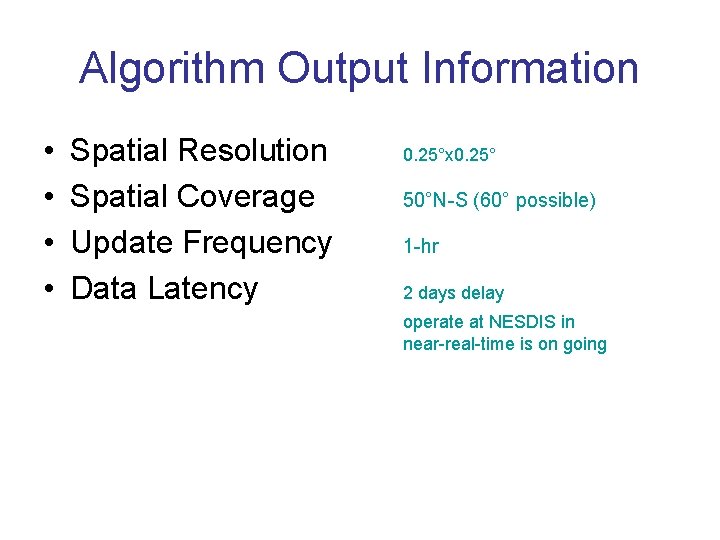 Algorithm Output Information • • Spatial Resolution Spatial Coverage Update Frequency Data Latency 0.