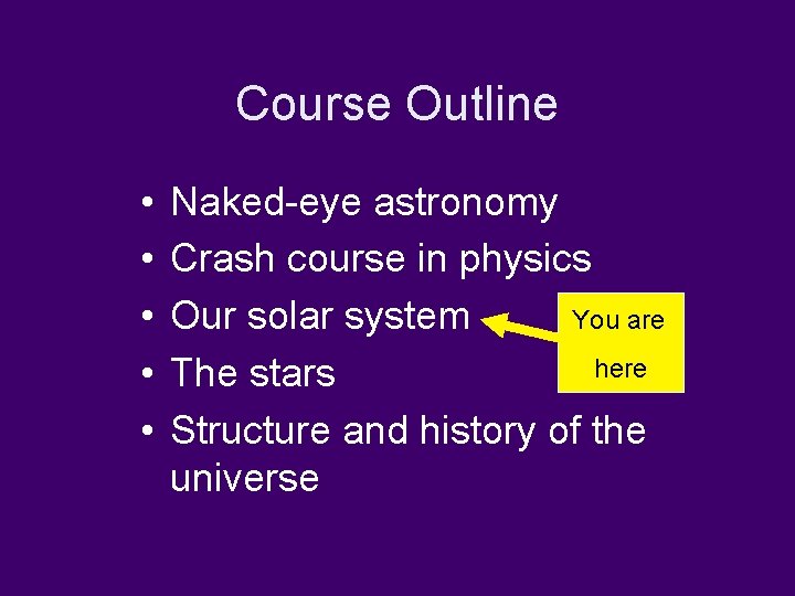 Course Outline • • • Naked-eye astronomy Crash course in physics Our solar system