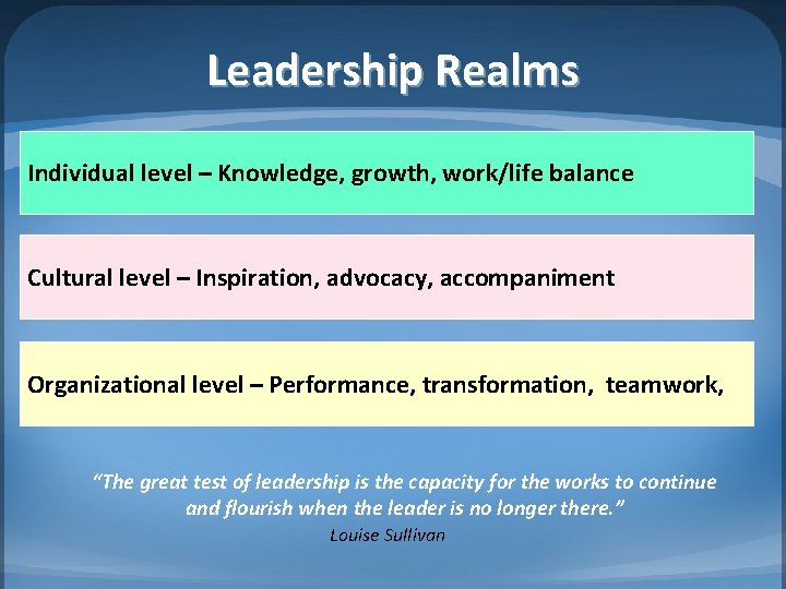 Leadership Realms Individual level – Knowledge, growth, work/life balance Cultural level – Inspiration, advocacy,