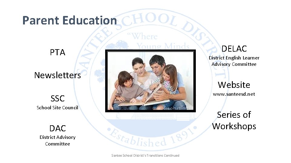 Parent Education DELAC PTA District English Learner Advisory Committee Newsletters Website www. santeesd. net