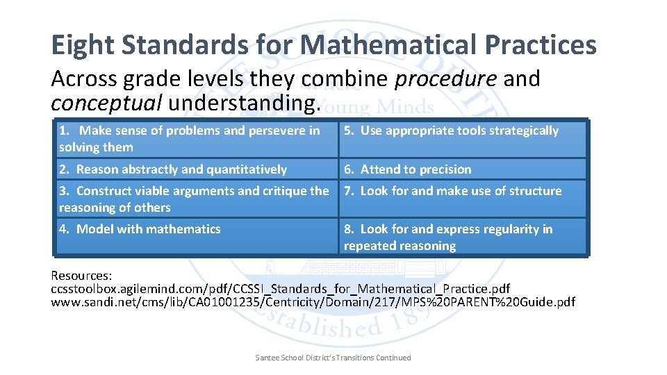 Eight Standards for Mathematical Practices Across grade levels they combine procedure and conceptual understanding.