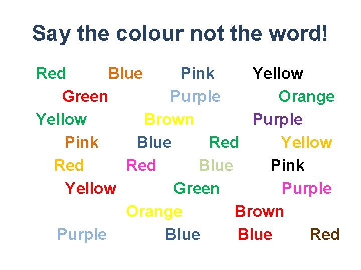 Say the colour not the word! Red Blue Pink Yellow Green Purple Orange Yellow