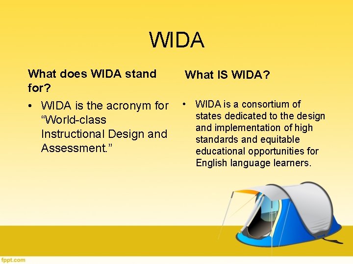 WIDA What does WIDA stand What IS WIDA? for? • WIDA is the acronym WIDA What does WIDA stand What IS WIDA? for? • WIDA is the acronym