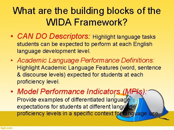 What are the building blocks of the WIDA Framework? • CAN DO Descriptors: Highlight What are the building blocks of the WIDA Framework? • CAN DO Descriptors: Highlight