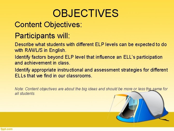OBJECTIVES Content Objectives: Participants will: Describe what students with different ELP levels can be OBJECTIVES Content Objectives: Participants will: Describe what students with different ELP levels can be
