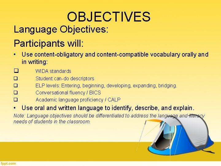 OBJECTIVES Language Objectives: Participants will: • Use content-obligatory and content-compatible vocabulary orally and in OBJECTIVES Language Objectives: Participants will: • Use content-obligatory and content-compatible vocabulary orally and in