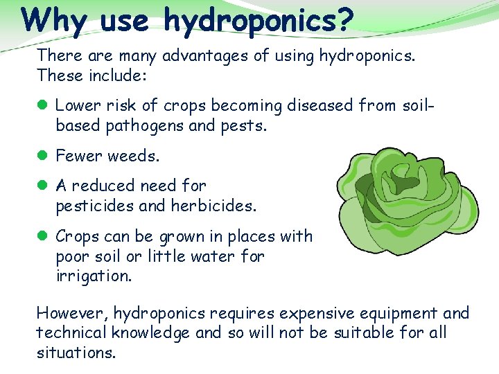 Why use hydroponics? There are many advantages of using hydroponics. These include: l Lower