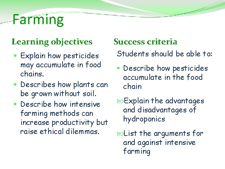 Farming Learning objectives § Explain how pesticides may accumulate in food chains. § Describes
