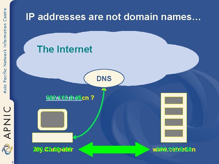 IP addresses are not domain names… The Internet DNS www. cernet. cn ? 202.