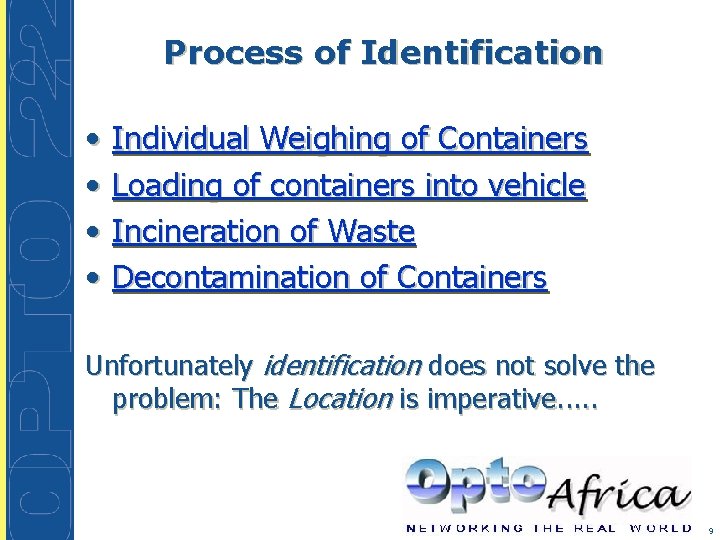 Process of Identification • • Individual Weighing of Containers Loading of containers into vehicle