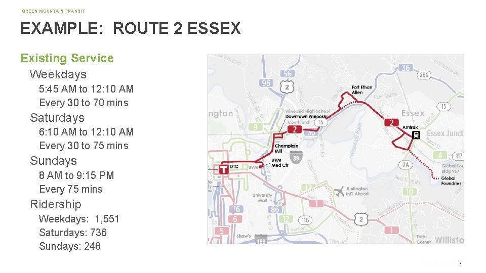 GREEN MOUNTAIN TRANSIT EXAMPLE: ROUTE 2 ESSEX Existing Service Weekdays 5: 45 AM to