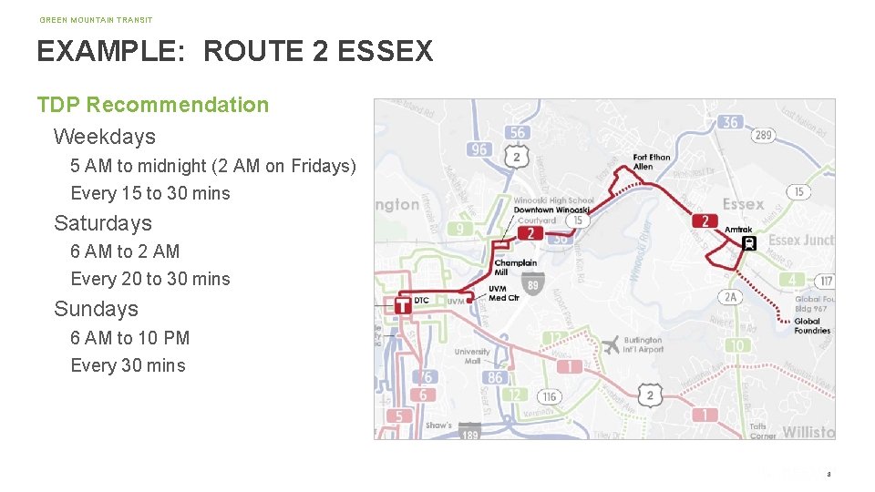 GREEN MOUNTAIN TRANSIT EXAMPLE: ROUTE 2 ESSEX TDP Recommendation Weekdays 5 AM to midnight