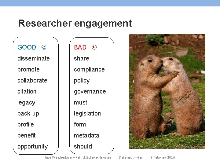 Researcher engagement GOOD BAD disseminate share promote compliance collaborate policy citation governance legacy must Researcher engagement GOOD BAD disseminate share promote compliance collaborate policy citation governance legacy must