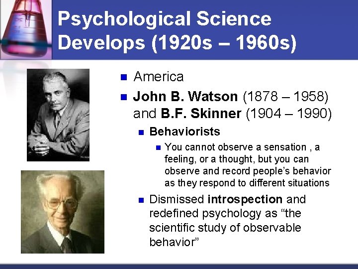 Psychological Science Develops (1920 s – 1960 s) n n America John B. Watson
