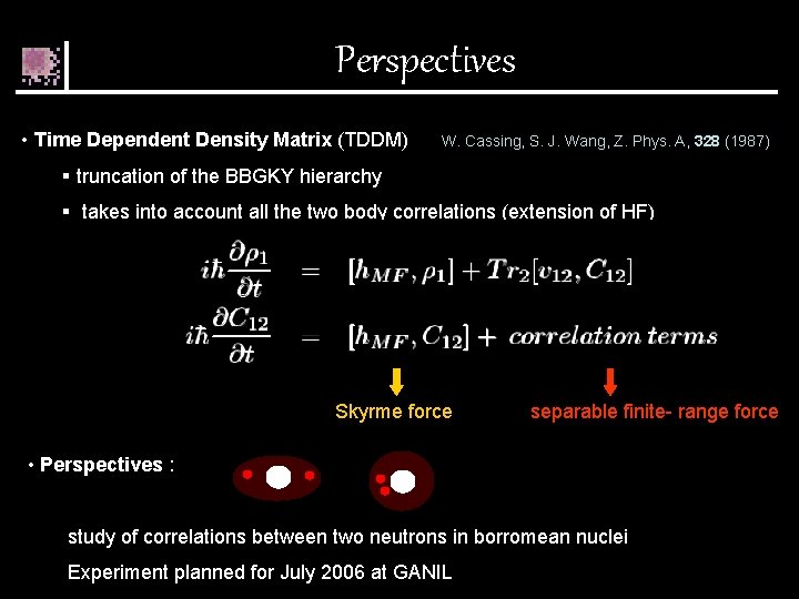 Perspectives • Time Dependent Density Matrix (TDDM) W. Cassing, S. J. Wang, Z. Phys.