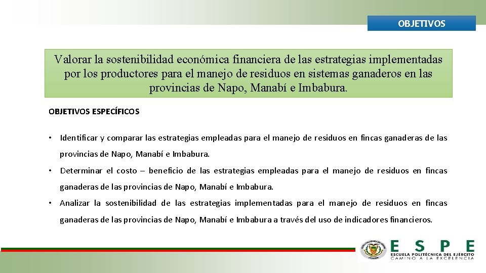 OBJETIVOS Valorar la sostenibilidad económica financiera de las estrategias implementadas por los productores para