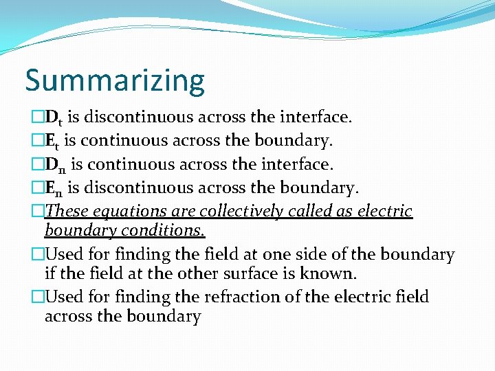 Summarizing �Dt is discontinuous across the interface. �Et is continuous across the boundary. �Dn