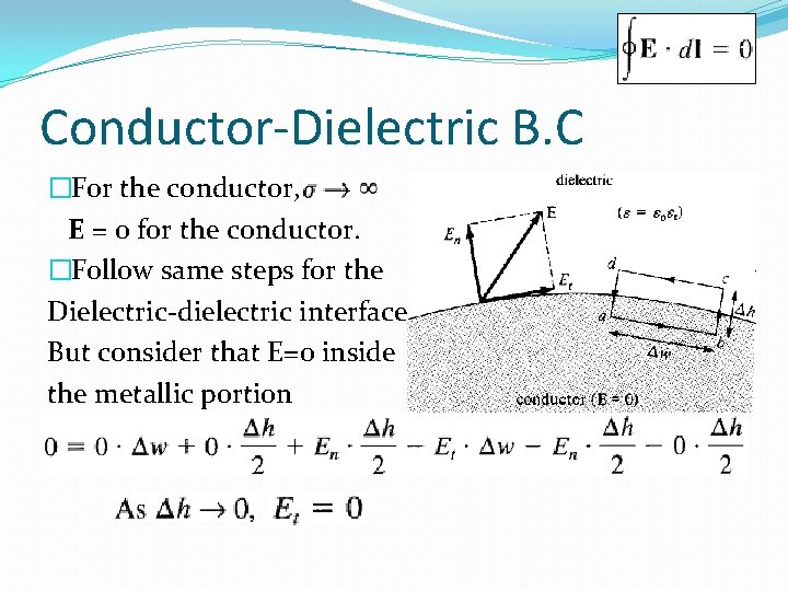 Conductor-Dielectric B. C �For the conductor, E = 0 for the conductor. �Follow same