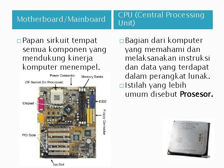 Motherboard/Mainboard CPU (Central Processing Unit) � Papan � Bagian sirkuit tempat semua komponen yang