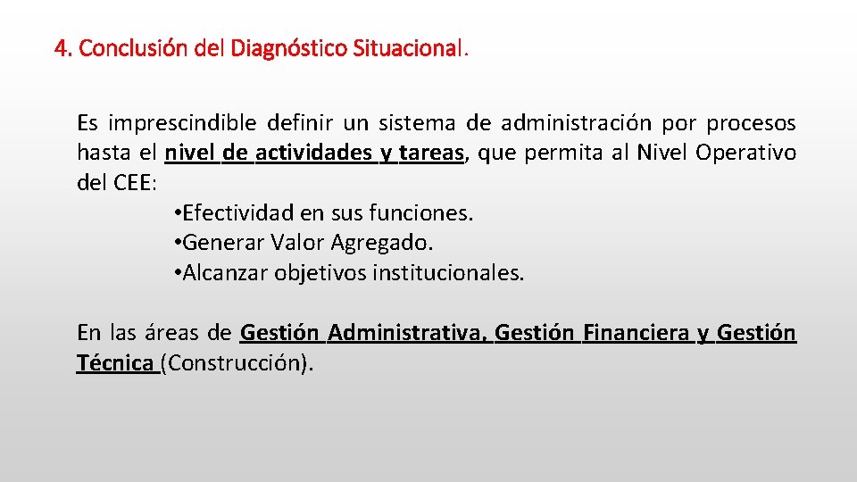 4. Conclusión del Diagnóstico Situacional. Es imprescindible definir un sistema de administración por procesos