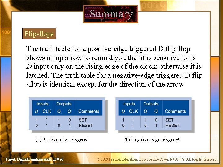 Summary Flip-flops The truth table for a positive-edge triggered D flip-flop shows an up