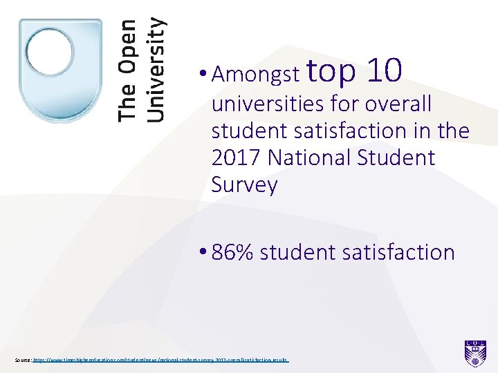  • Amongst top 10 universities for overall student satisfaction in the 2017 National