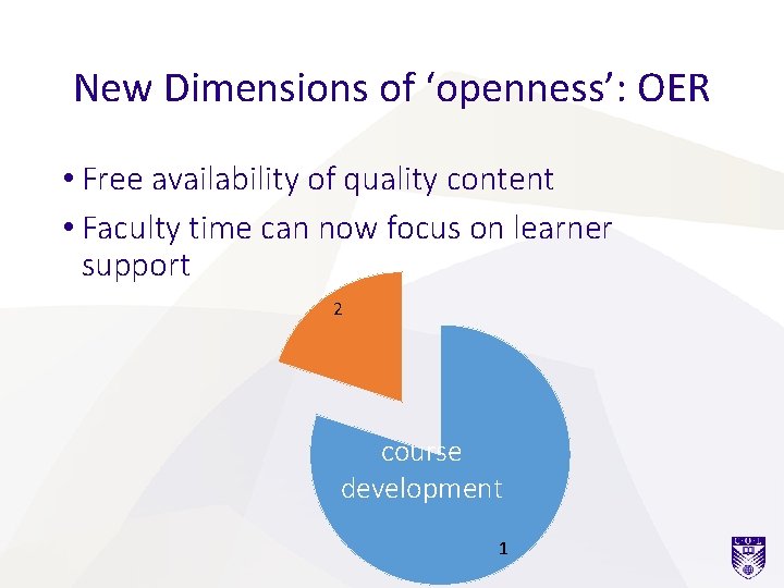 New Dimensions of ‘openness’: OER • Free availability of quality content • Faculty time