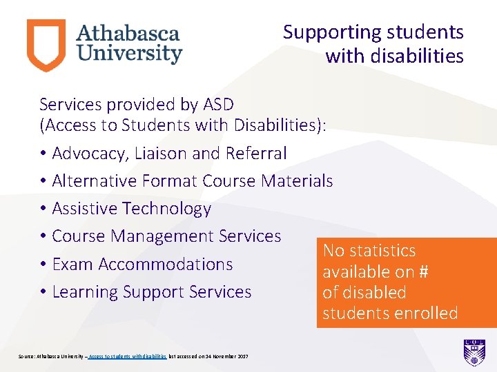 Supporting students with disabilities Services provided by ASD (Access to Students with Disabilities): •