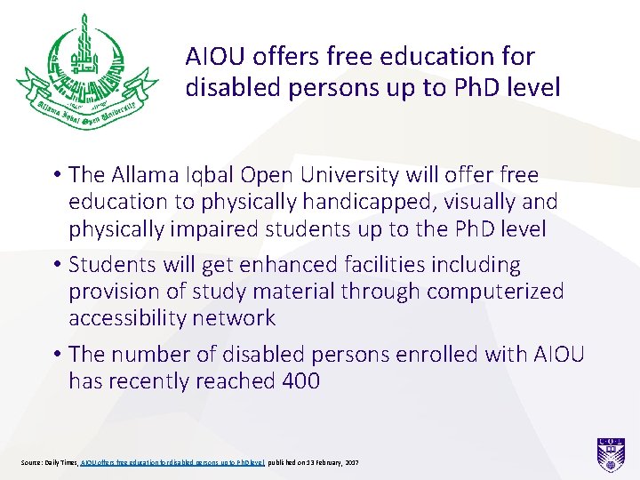 AIOU offers free education for disabled persons up to Ph. D level • The