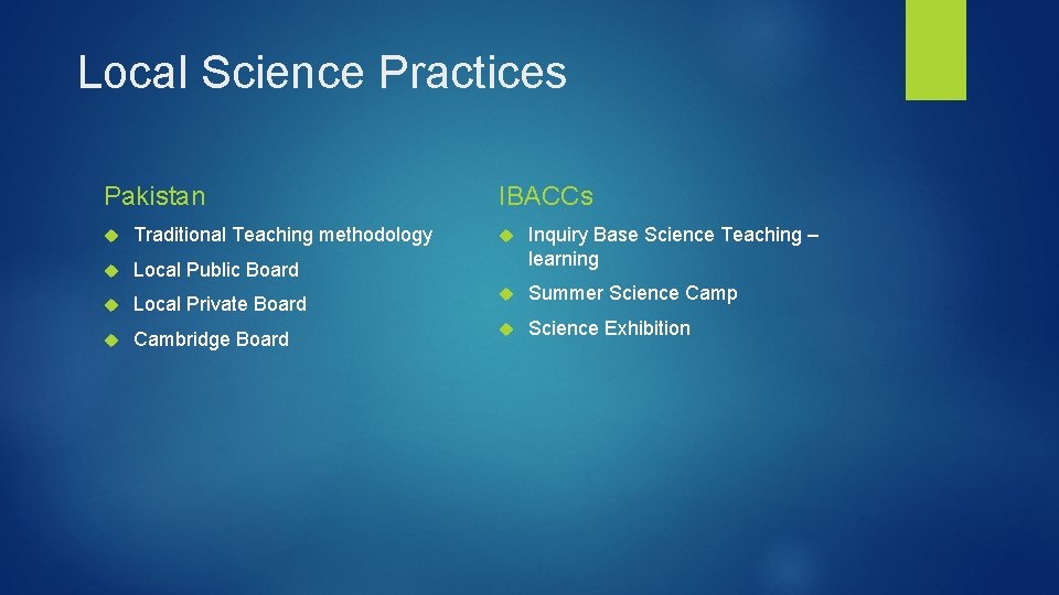  Local Science Practices Pakistan Traditional Teaching methodology Local Public Board IBACCs Inquiry Base