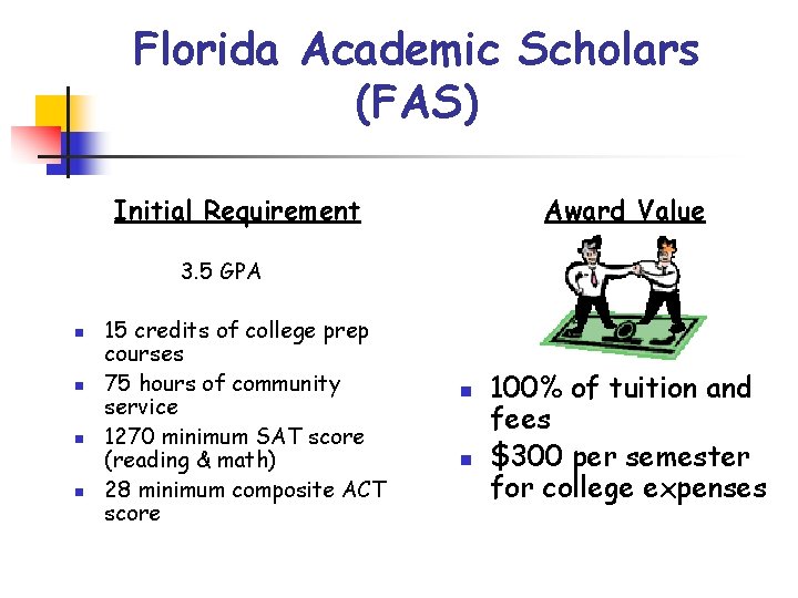 Florida Academic Scholars (FAS) Initial Requirement Award Value 3. 5 GPA n n 15